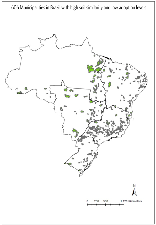 606 municipalities in Brazil with high soils similarities and low adoption levels